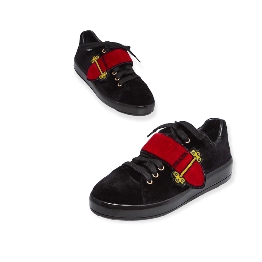 Black Velvet Sneakers with Red Accent Strap - Designer Style
